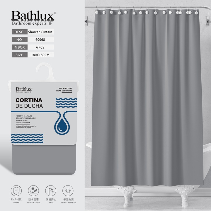 BATHLUX, Perdea De Dus EVA Gri 180*180 CM, 60068