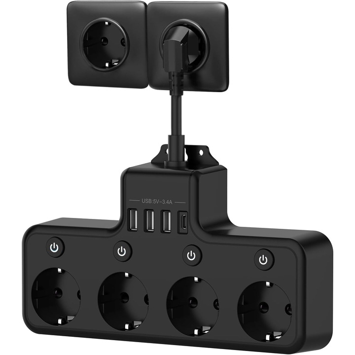 Prelungitor electric SoSar® cu USB integrat unitate de alimentare cu 4 iesiri de curent si 4 porturi pentru incarcare, intrerupatoare separate, design compact pentru spatii de lucru