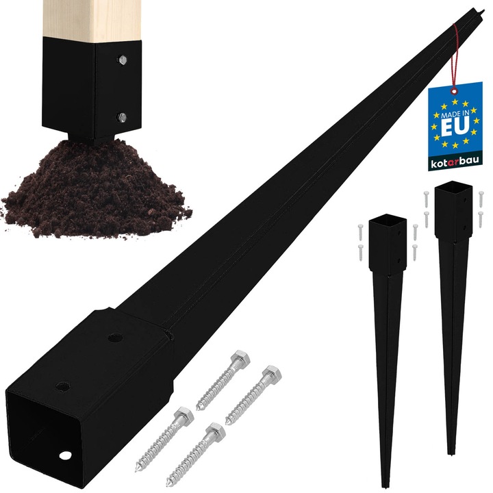 Baza de stalp din otel zincat, 51x51x600mm, neagra, set 2 bucati