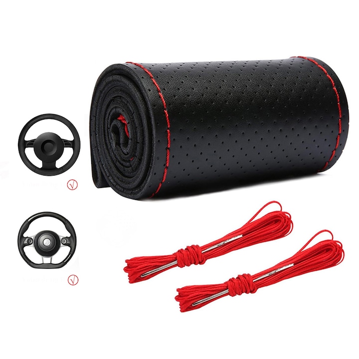 Калъф за волан от естествена кожа, FooFoony, Направи си сам с Включени Конец и Игла, Подходящ за Renault Clio V, Ford Kuga MK3, Пълна перфорация, Черен/червена линия, 38 см