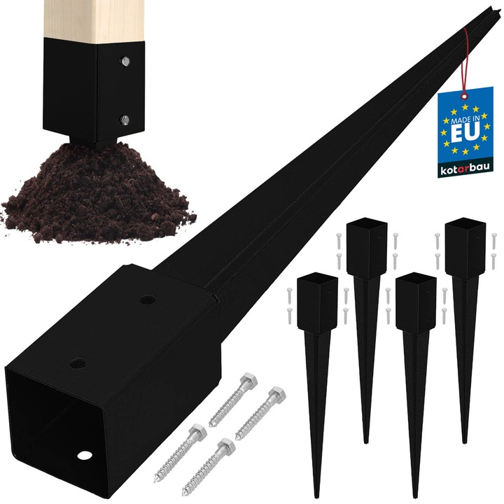 Baza de stalp din otel, 81x81x750mm, neagra, set 4 bucati