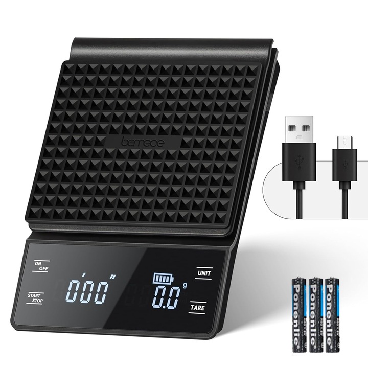 Cantar Digital Cafea cu Cronometru, Bedee, Precizie 0.1g/3kg, Afisaj LED iluminat, 3 Baterii AAA/Incarcare USB-C, Perfect pentru Espresso, Pour Over si Masurat Mancare, Negru
