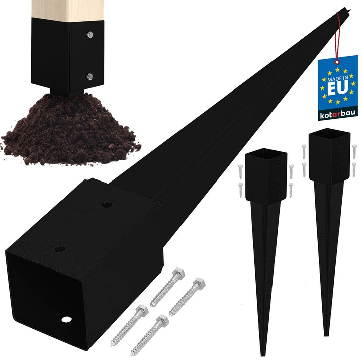 Baza de stalp din otel, KOTARBAU, 91x91x750mm, rezistenta la coroziune, neagra, set 2 bucati