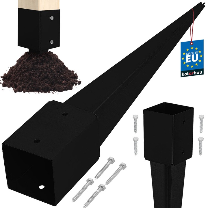 Baza de stalp infipt in pamant, KOTARBAU, 101x101x750mm, otel zincat, negru