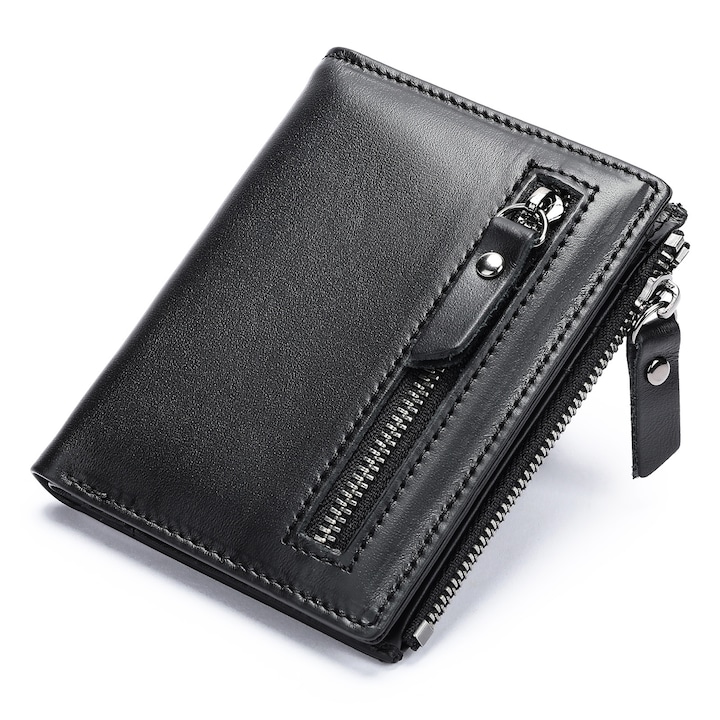 Мъжки портфейл от естествена кожа, IMODIX®, RFID защита за карти, джоб за монети, просторен, размери 11x9x1.5 см Модел 6046, черен