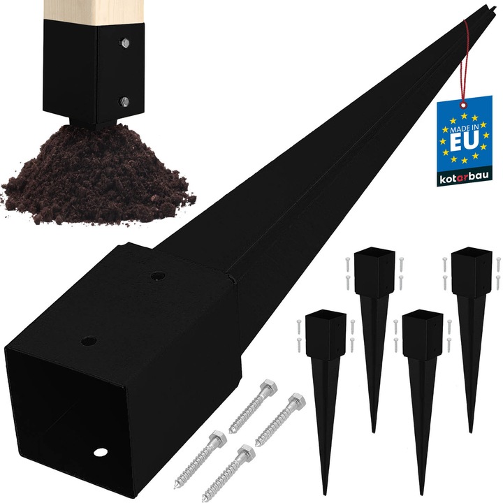 Baza de stalp KOTARBAU, infipta in pamant, otel zincat, 101x101x750mm, neagra, set 4 bucati