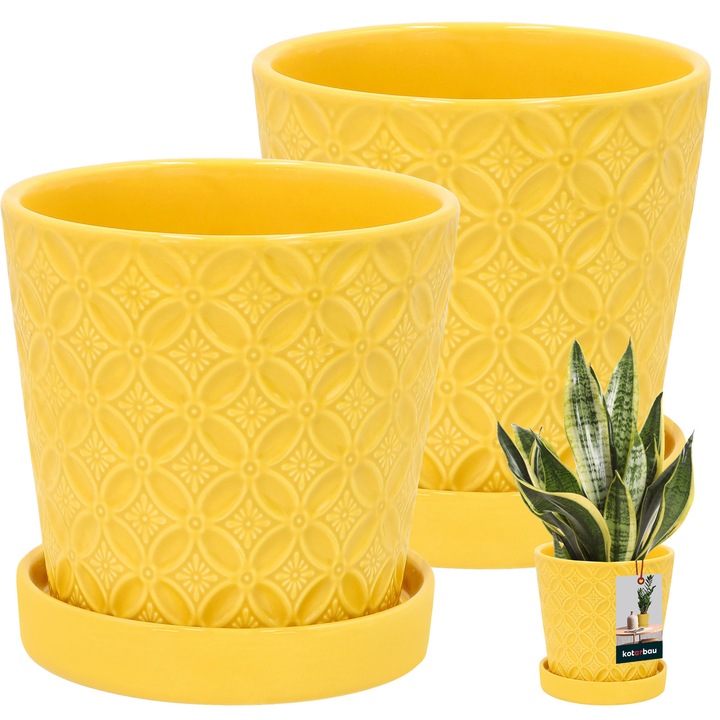 Ghiveci rotund din ceramica glazurata, 15cm, musztarda, set 2 bucati