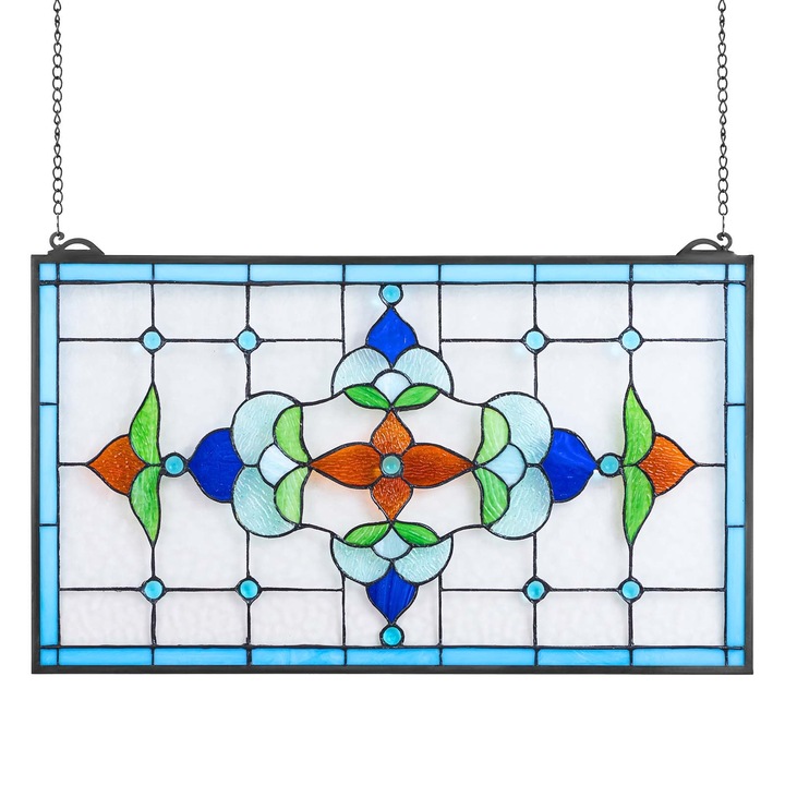 Ólomüveg, Függesztett ablakpanel, Tiffany stílus, 664 x 402 mm, Nagyméretű vízszintes téglalap, Akasztólánccal, Kézzel készített vintage művészet, Otthoni és konyhai dekoráció