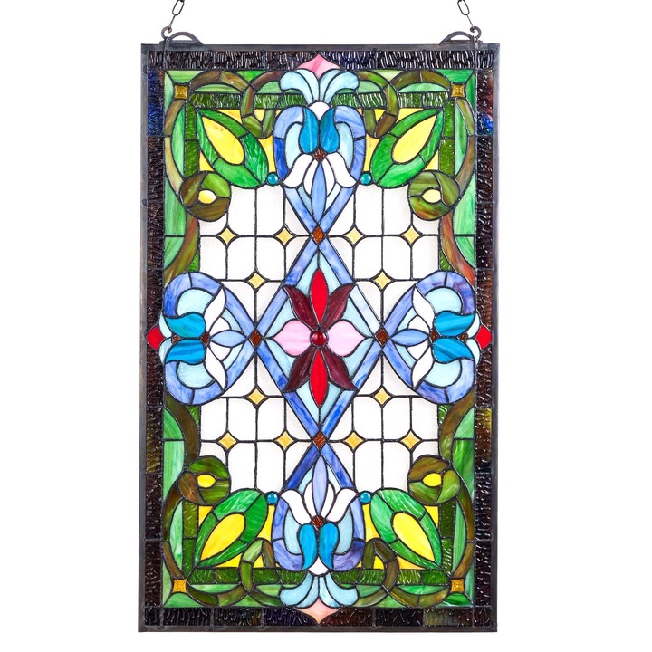 Ólomüveg, Tiffany stílusú függő ablakpanel, 433 x 731 mm méretű, Függőleges téglalap alakú, Lánccal, Színes üveg, Kézzel készített, Otthoni és konyhai dekoráció