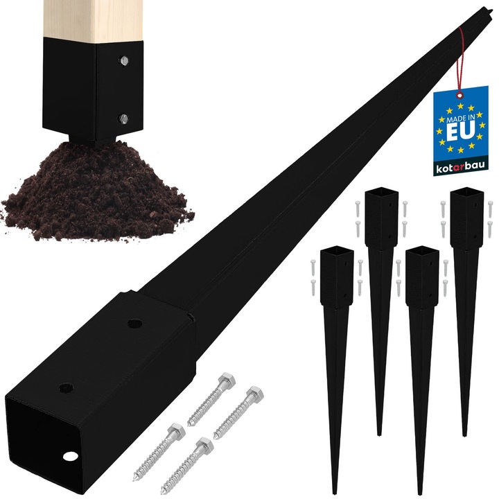 Baza de stalp infipt in pamant, KOTARBAU, 61x61x750mm, otel zincat, negru, set 4 bucati