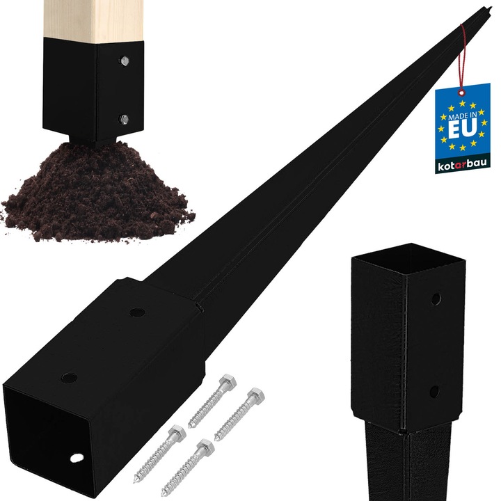 Baza de stalp KOTARBAU, infipta in pamant, otel zincat, 71x71x150mm, 750mm, neagra