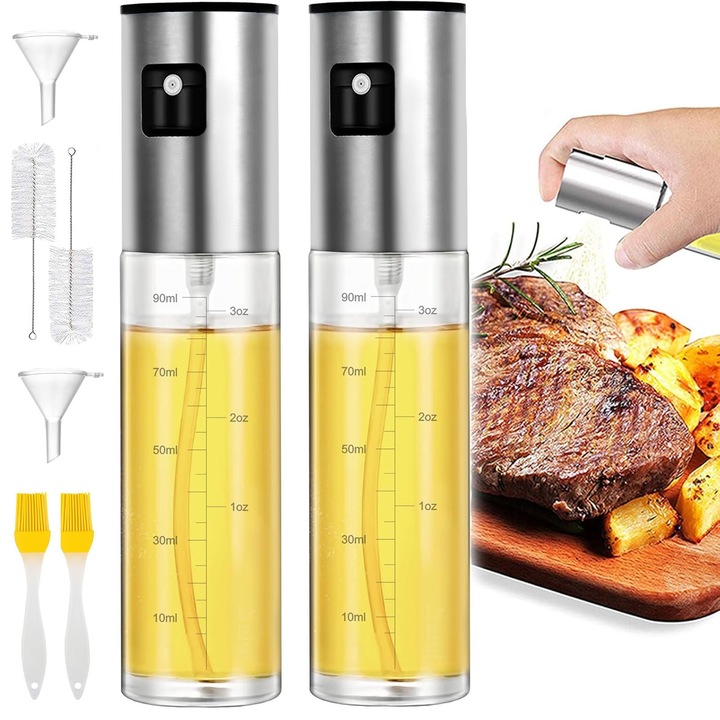 Set 2 dispensere pulverizatoare ulei Axroad Mall, Pulverizator de Ulei, Capacitate 100 ml, Cu gradatie, Cu palnie, Control precis al uleiului, Sticla/otel inoxidabil, Argintiu/transparent
