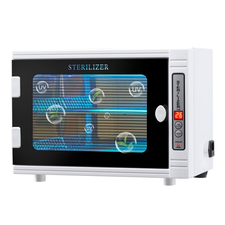 Стерилизатор за инструменти за маникюр UV, 12 L стерилизационен шкаф, регулируем таймер, врата от закалено стъкло, UV-C 185 nm, за салон, лаборатория, дома