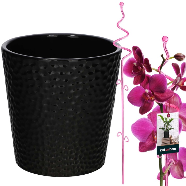 Ghiveci ceramica neagra 11 cm cu suport roz 58 cm pentru flori, set pentru orhidee