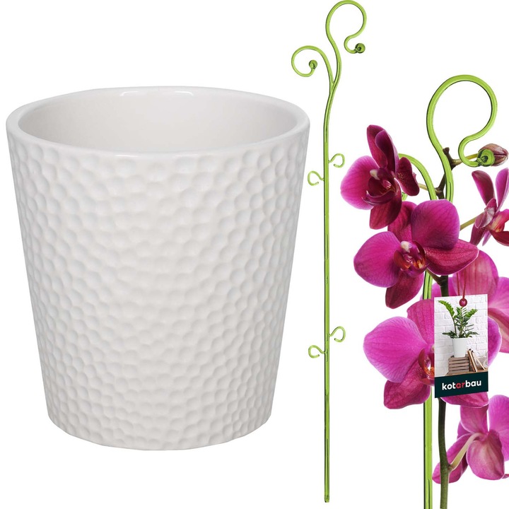 Ghiveci ceramica alba 15 cm cu suport verde 58 cm pentru flori, KOTARBAU, design elegant, usor, set pentru orhidee