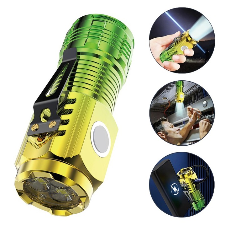 Lanterna puternica multifunctionala cu 3 ochi, mini-lanterna portabila pentru exterior, incarcabila, cu acoperire UV verde cu gradient Incarcabila + magnet + suport de pix + cutie colorata