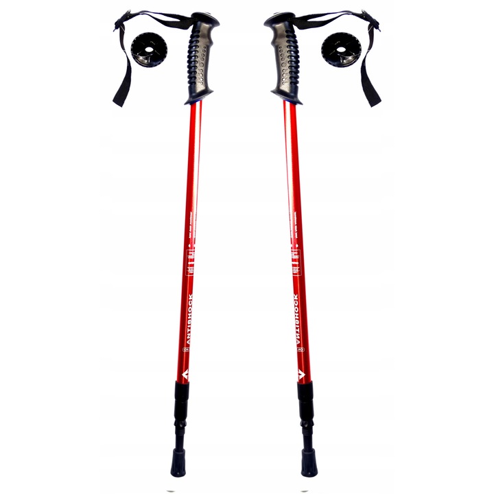 Bastoane trekking telescopice, 140cm, aluminiu, set 2 bucăți, roșu/negru