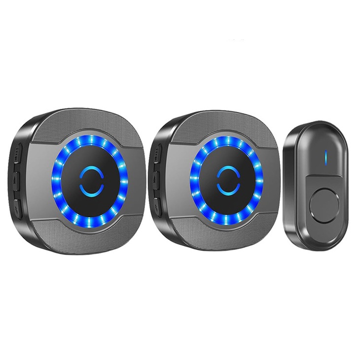 Sonerie Fara Fir/ Wireless, AFKSMILE, Lumina intermitenta, Alimentare Direct la Priza 220V, Maxim 110db, 300m, Multiple Tonuri, 55 De Melodii, IP55, Usor de Montat, pentru Usa/Poarta, Semnal Puternic, Cu 1 Transmitator/2 Receptoare, ABS, Negru mat