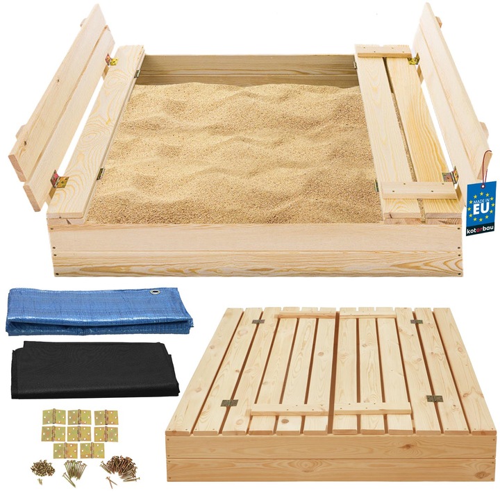 Дървена пясъчник с пейки, KOTARBAU, 100x100см, натурална, пълен комплект