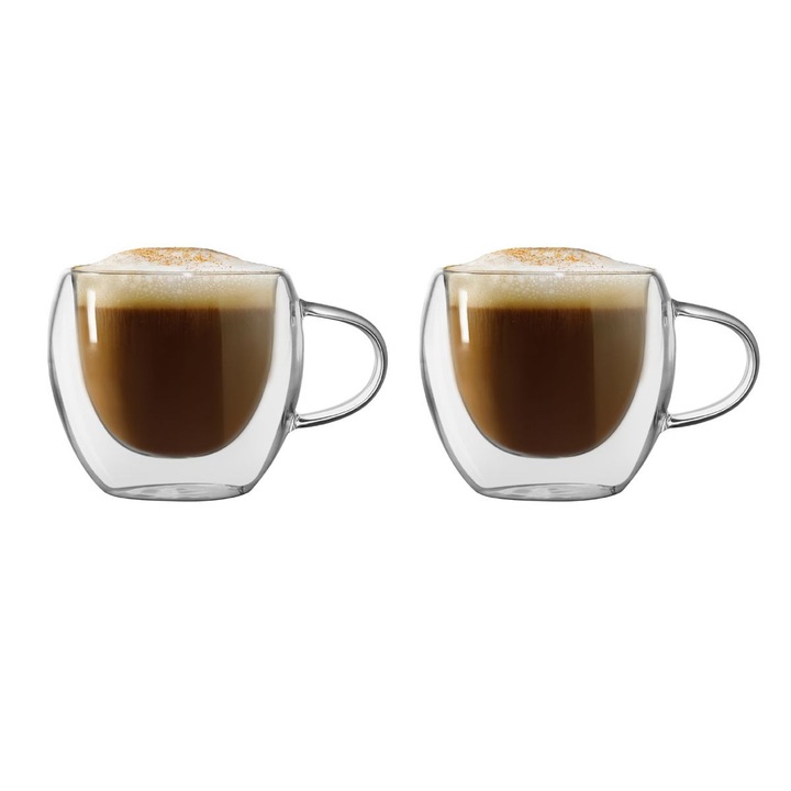 Set 2 cani, perete dublu, sticla termorezistenta borosilicata, 2 x 80 ml, pentru ceai, cafea, ZASS ZG-GC 02- 80, Transparente