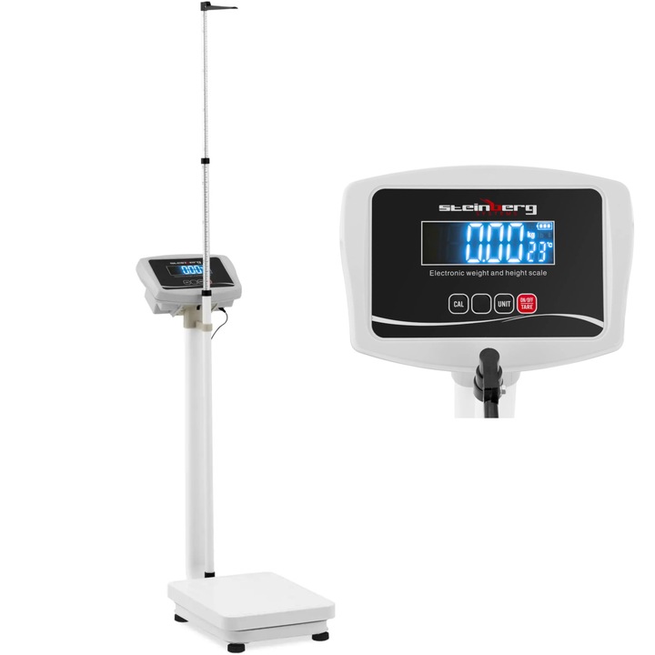 Кантар за тяло Steinberg Systems с индикатор за височина, 200 кг, 0,1 кг, бял, 30x40 см