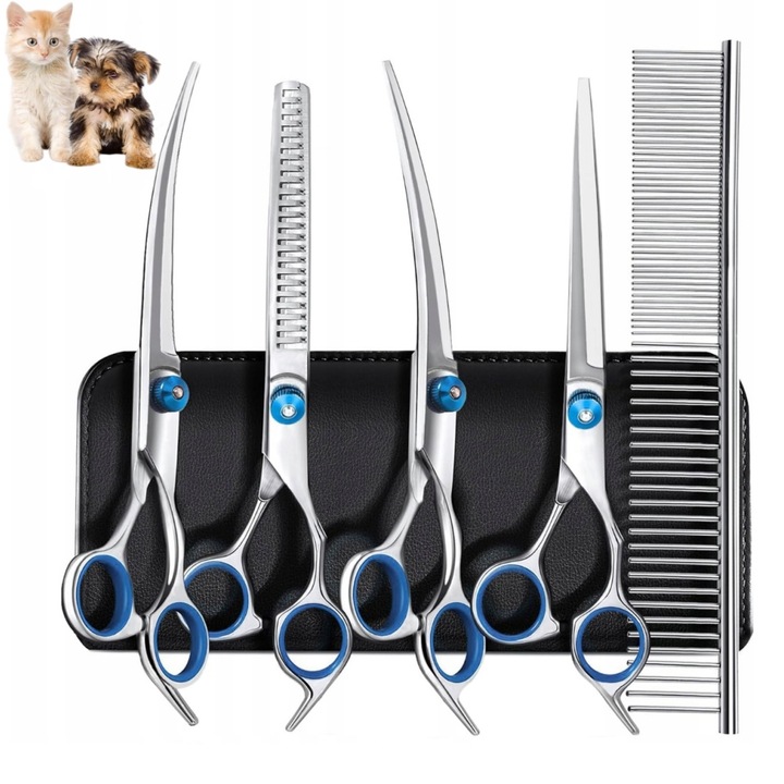 Set Profesional Foarfece Tuns Câini 5 piese, metalice, ergonomice, cu geantă de depozitare