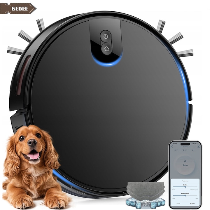 Робот прахосмукачка 3 в 1 Bedee, 2300Pa всмукателна мощност, ултратънък дизайн, 350мл контейнер за прах, 200мл резервоар за вода