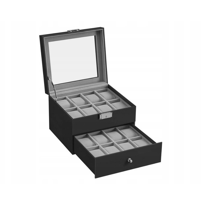 Cutie bijuterii, SONGMICS, negru, 16 compartimente, capac transparent