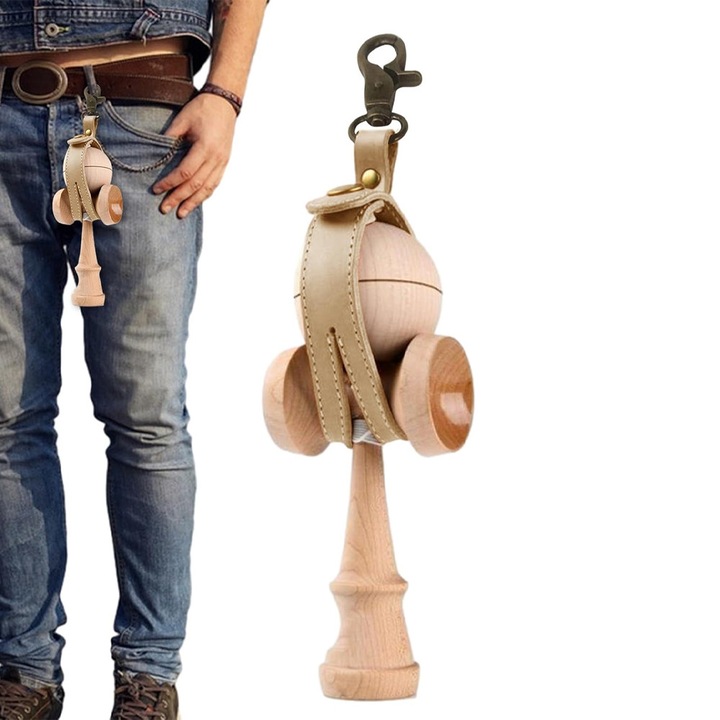 Husa pentru Kendama, din Piele Ecologica, Carabina pentru Prindere, Fixare, Model tip Breloc Rucsac, Pantaloni, 19.5 x 2.5 cm, Bej