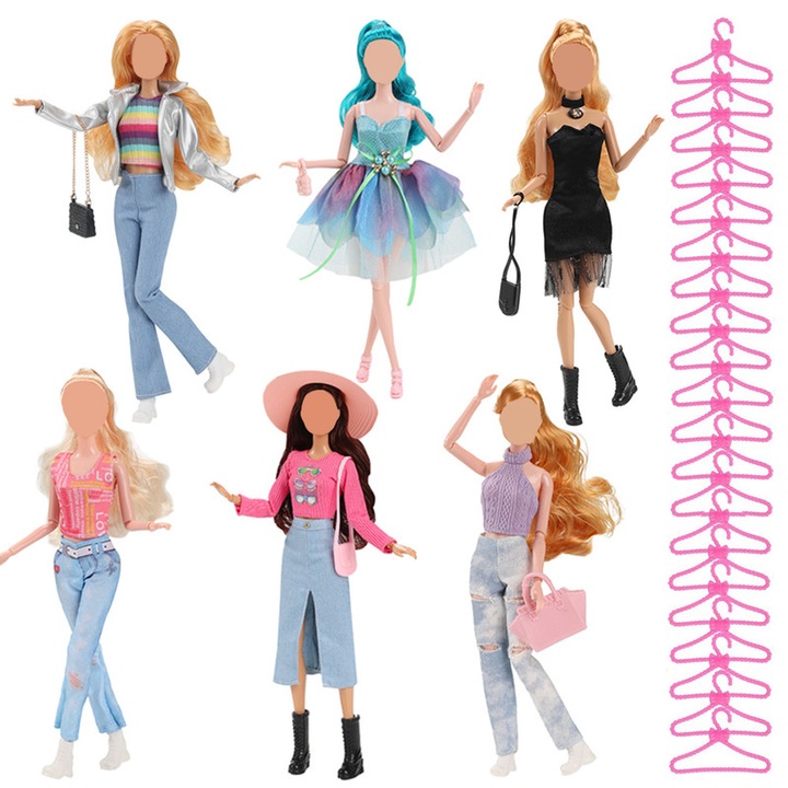 Set de 6 haine, 6 genti, 6 pantofi si 2 palarii pentru papusa de 30cm