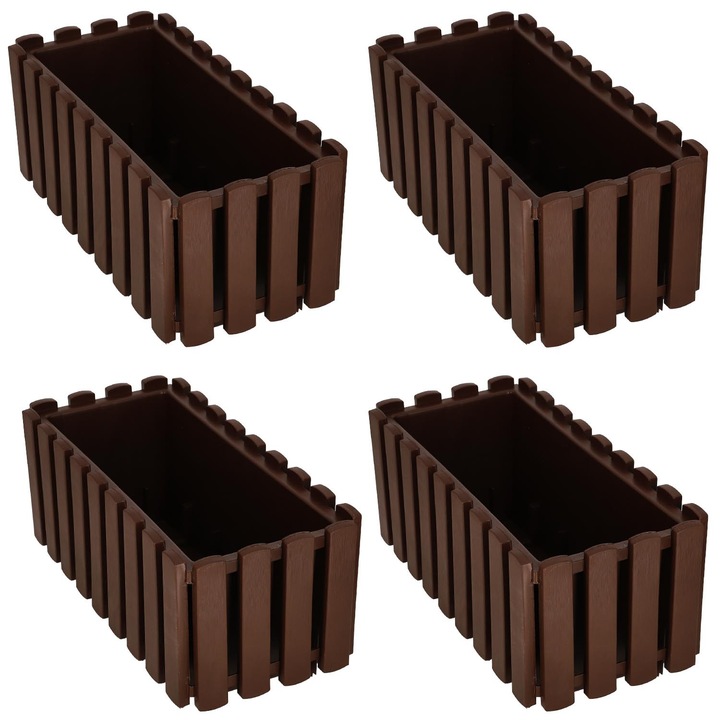 Комплект саксии от 4 части, KOTARBAU, ефект дърво, пластмаса, 38x18x16,2 см, кафяв цвят