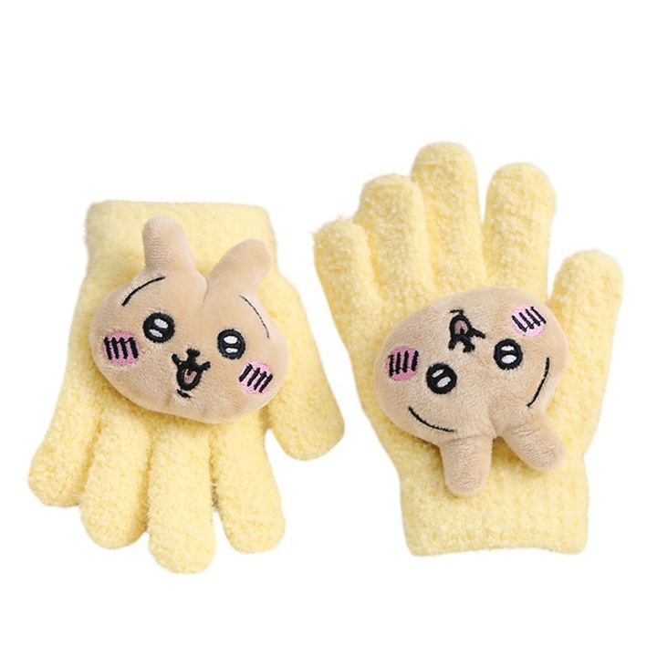 Manusi copii, model pufos cu manseta elastica, accesorizate cu figurine hazlii, tematica happy day, unisex, marime 6 – 10 ani, galbene deschis, EFAYN