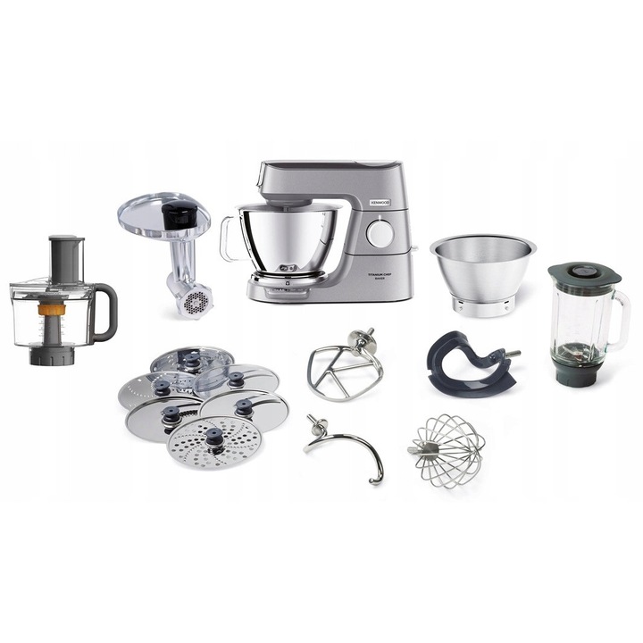 Mixer cu bol Kenwood Titanium Chef XL, 1200W, 6 discuri, argintiu/gri, set complet