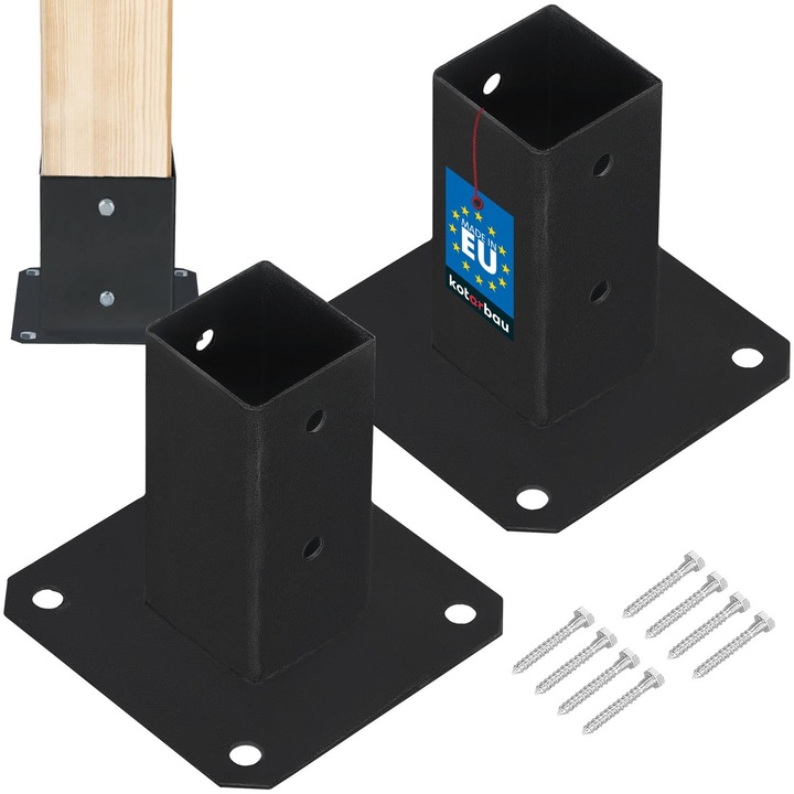 Baza de Stalp de Lemn, KOTARBAU, 130x130mm, otvori montaj 8/12/25mm, negru, 1 buc.