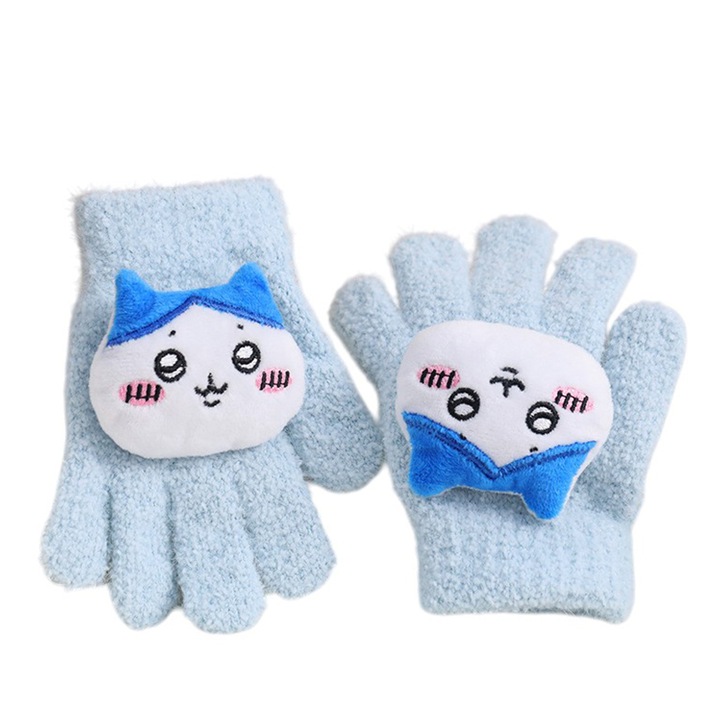 Manusi copii, model pufos cu manseta elastica, accesorizate cu figurine hazlii, tematica happy day, unisex, marime 6 – 10 ani, albastre EFAYN