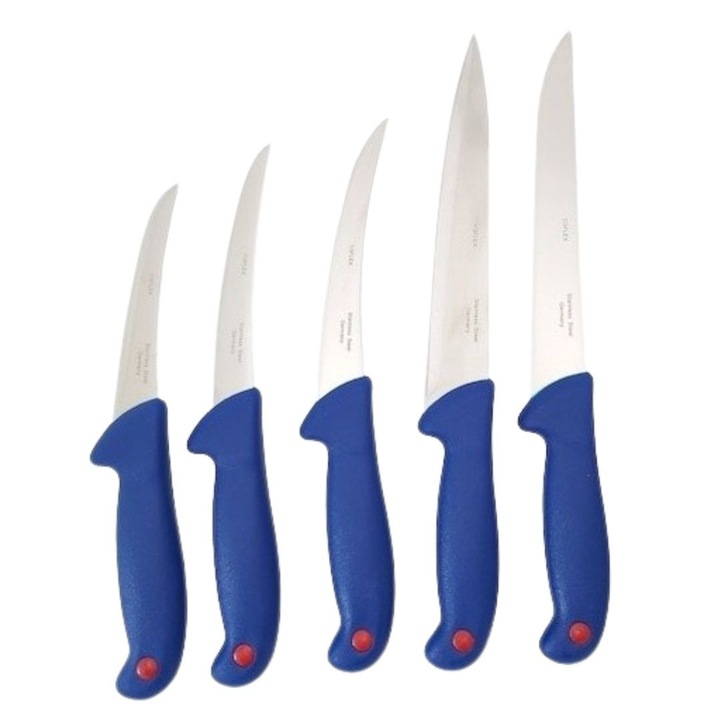 Set 5 cutite de macelarie, Dodaco, otel inoxidabil, maner plastic albastru, dimensiuni diferite