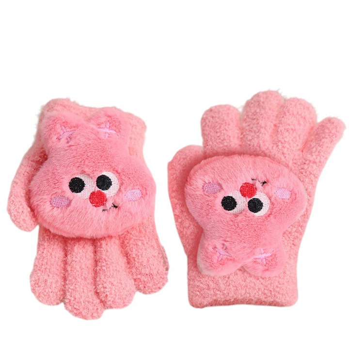 Manusi copii, model pufos cu manseta elastica, accesorizate cu figurine hazlii, tematica happy day, unisex, marime 6 – 10 ani, roz aprins, EFAYN