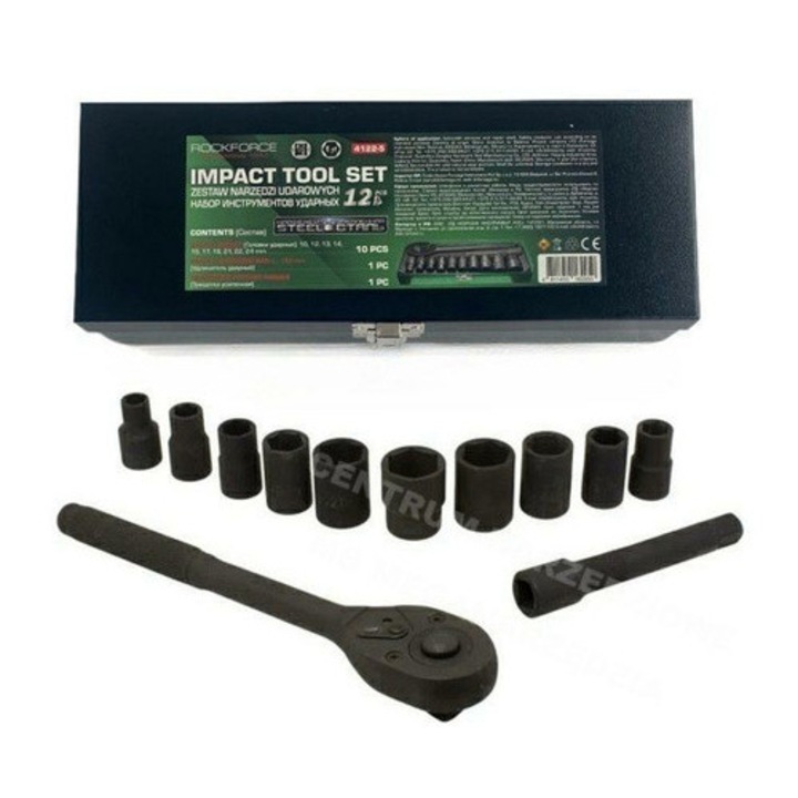 Set chei impact 1/2" ROCKFORCE 12 elemente 10x24mm, profil 6-surub, otel rezistent