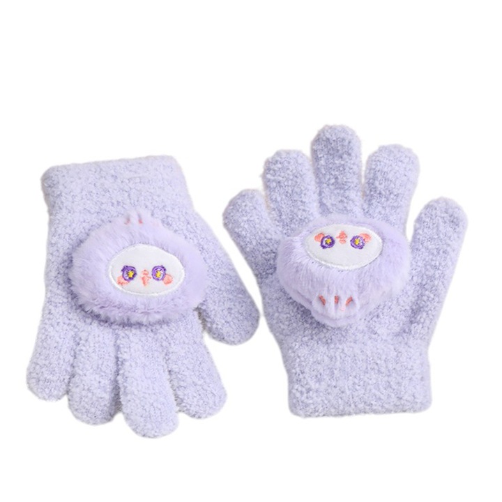 Manusi copii, model pufos cu manseta elastica, accesorizate cu figurine hazlii, tematica happy day, unisex, marime 6 – 10 ani, lila, EFAYN