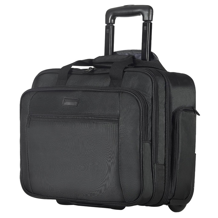 Fekete, 17,3 hüvelykes, 2 rekeszes, gurulós laptoptáska, trolley