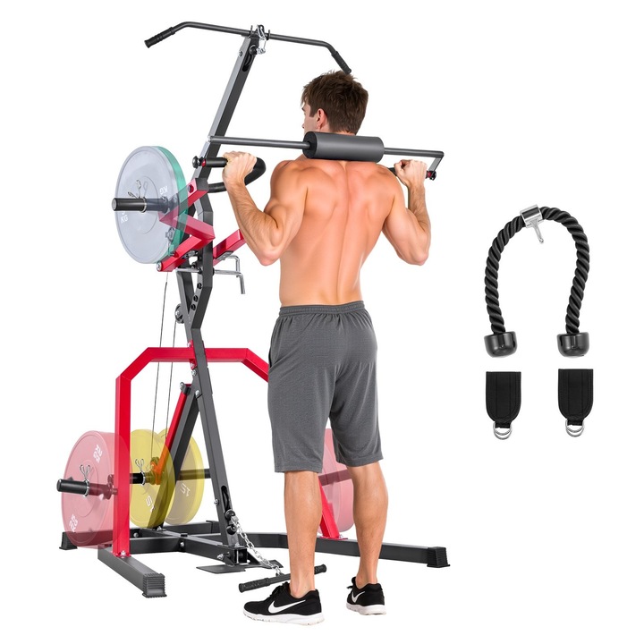 Aparat multifunctional fitness pentru acasă, HM2901A, negru/roșu, 7 poziții ajustabile, scripete 2:1, dimensiuni 136x64x22cm