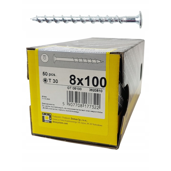 Винтове за газобетон, Domax, 8x100мм, комплект 50 броя, глава TORX30