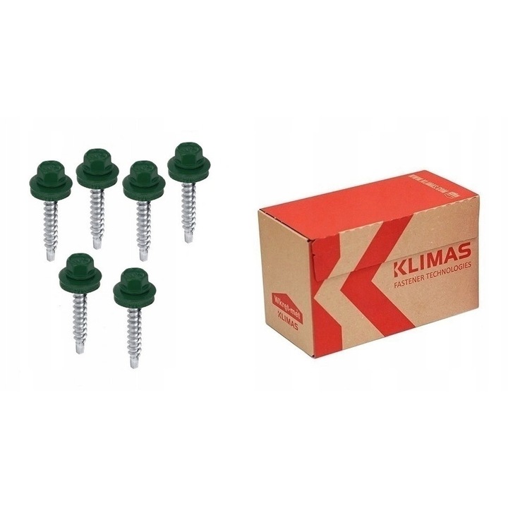 Suruburi KLIMAS, set 200 buc, 4,8x70 mm, RAL 6005, cu cap hexagonal, din otel, rezistente la coroziune