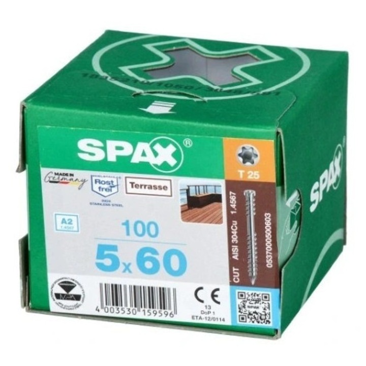 Suruburi pentru terase Spax 5x60mm, set 100 buc, inox, culoare argintie