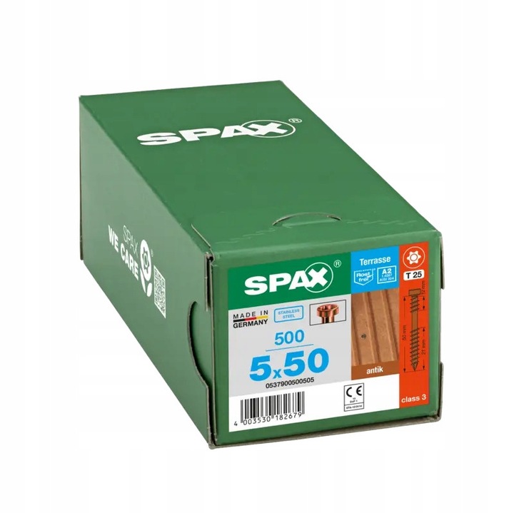 Suruburi pentru terasa Spax 5x50mm, inox A2, set 500 buc, culoare vechi aur (Antik)