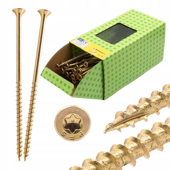 Suruburi pentru lemn, PGB, 6x110mm, set 100 bucati, cu cap conic, torx, zincat galben