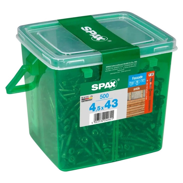 Suruburi Spax pentru fatade din lemn, 4,5x43mm, inox A2, culoare aurie antica, set 500 buc.