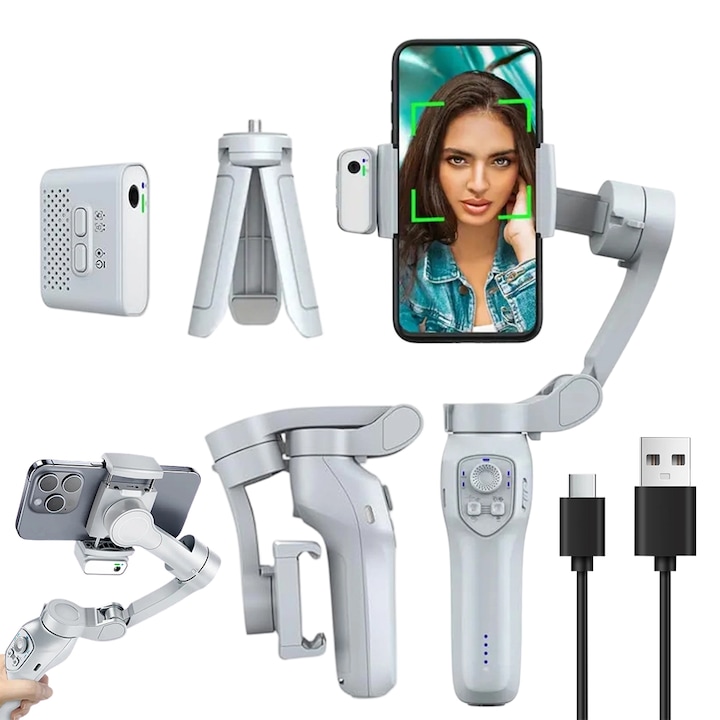 Gimbal portabil L7C cu 3 axe, stabilizator de imagine pentru telefon, control prin gesturi AI, pentru iOS si Android, conexiune wireless compacta si portabila, trepied inclus