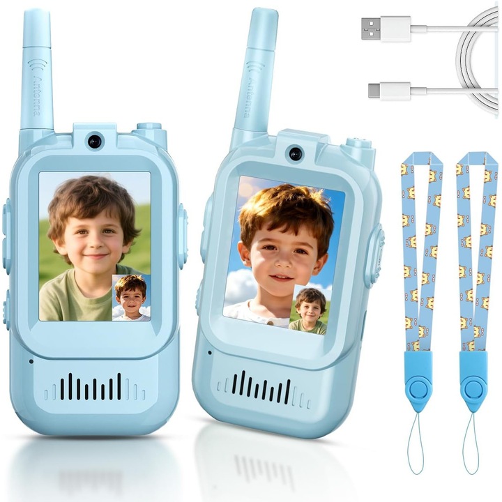 Statie Emisie Receptie Video Copii V8, Camera + Ecran 2”, Set 2 Bucati, Raza 300m, Baterie 650mAh USB-C, 4 Efecte Voce, Comunicare Parinte-Copil, Reincarcabil, Jucarie Outdoor, Albastru x2