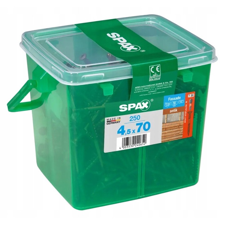 Suruburi Spax pentru fatade din lemn, 4,5x70mm, inox A2, culoare aurie antica, set 250 buc.